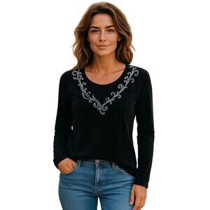 Chico's Travelers Black Slinky V-Neck Silver Embroidery Long Sleeve Top Size 3